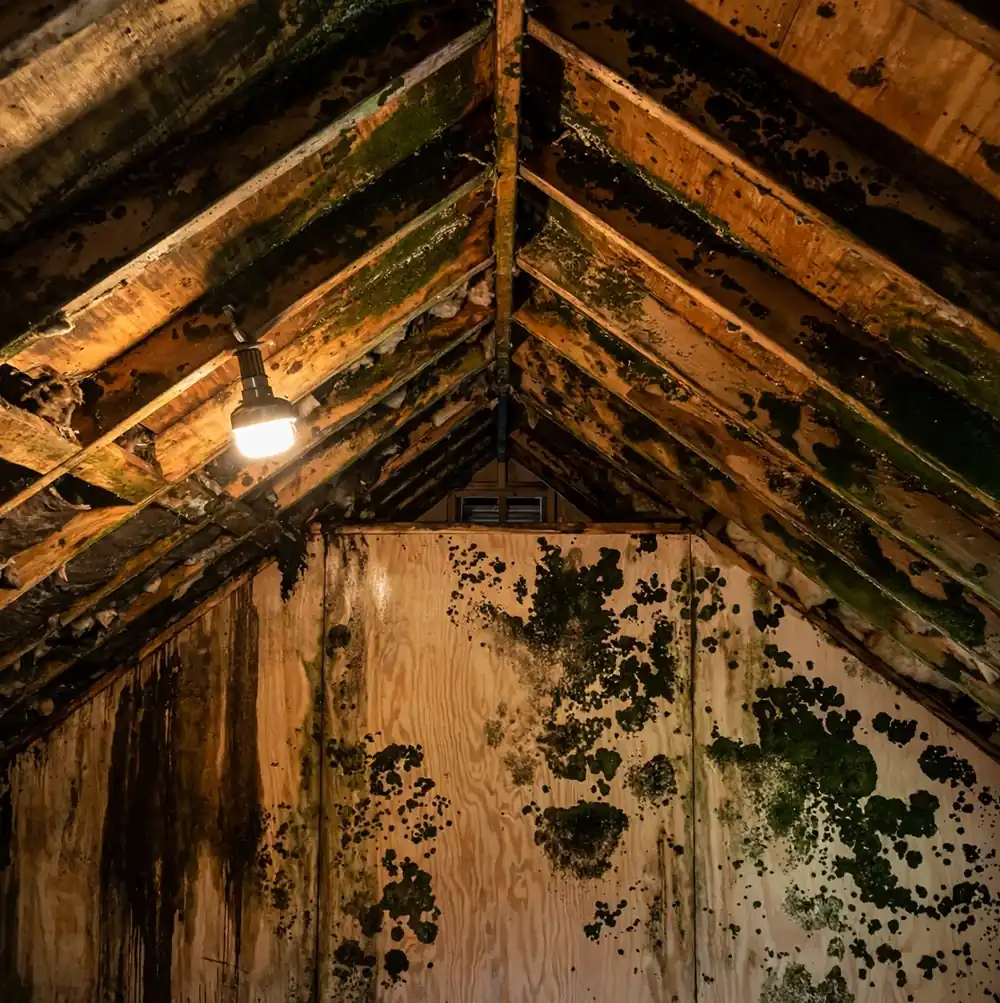 Attic roof sheathing with dark mold growth, before remediation