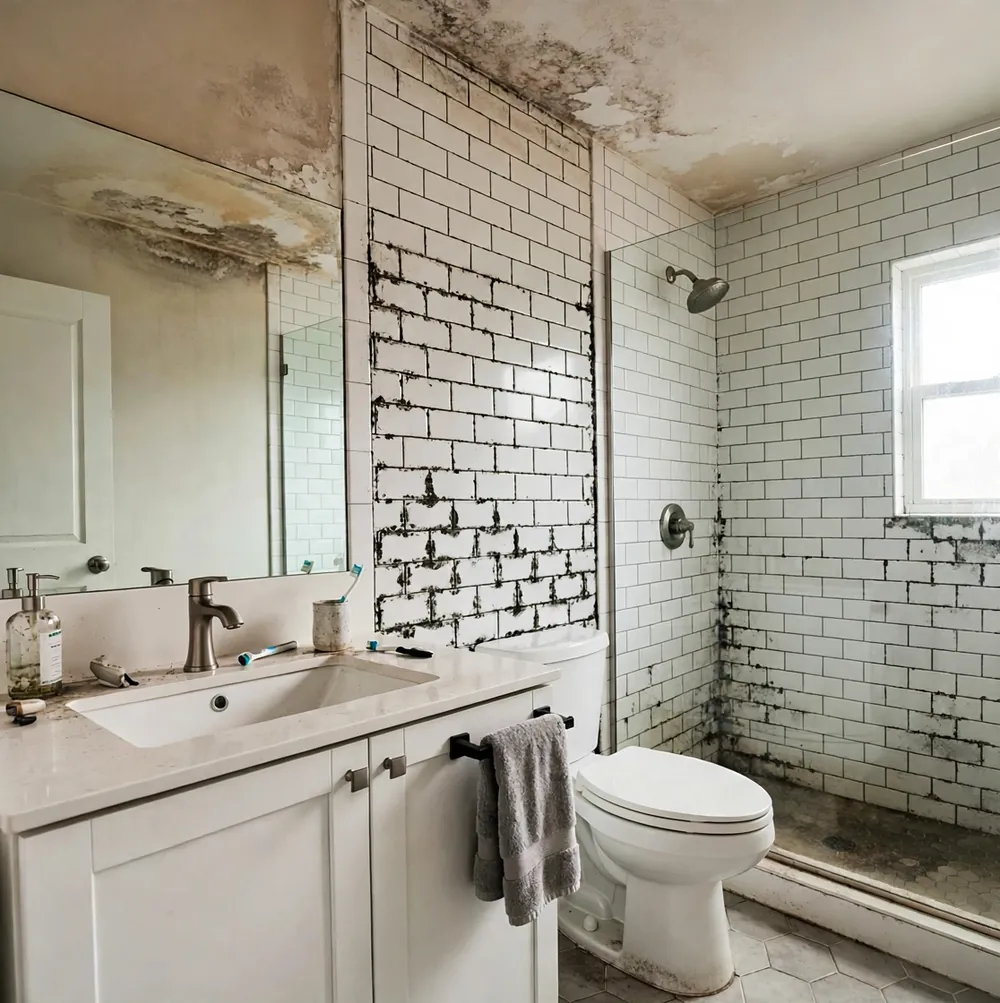 Bathroom ceiling with mold staining, before remediation