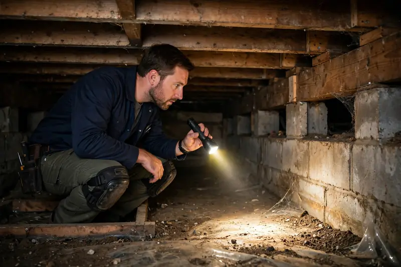 Inspector checking a crawl space with a flashlight