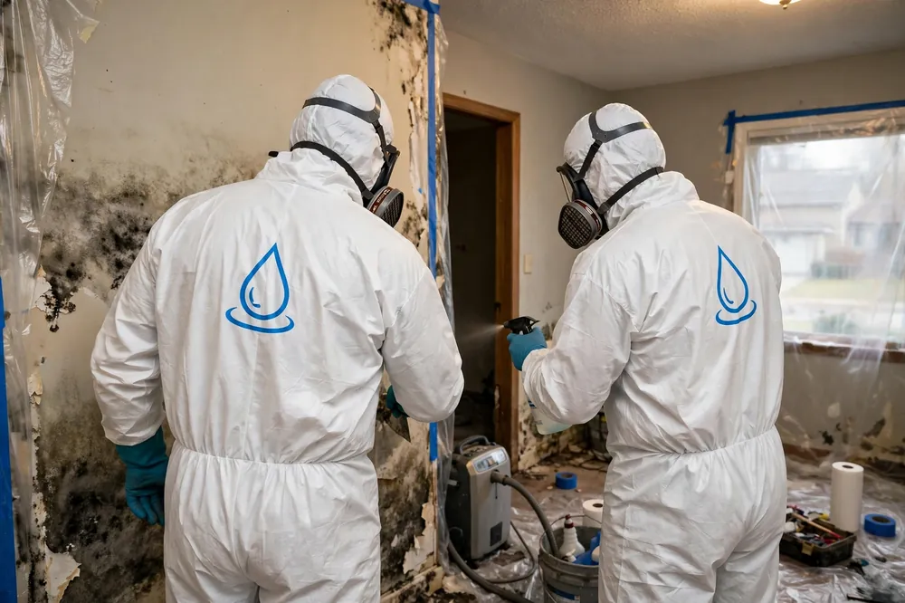 Two technicians in protective gear remediating mold in a home
