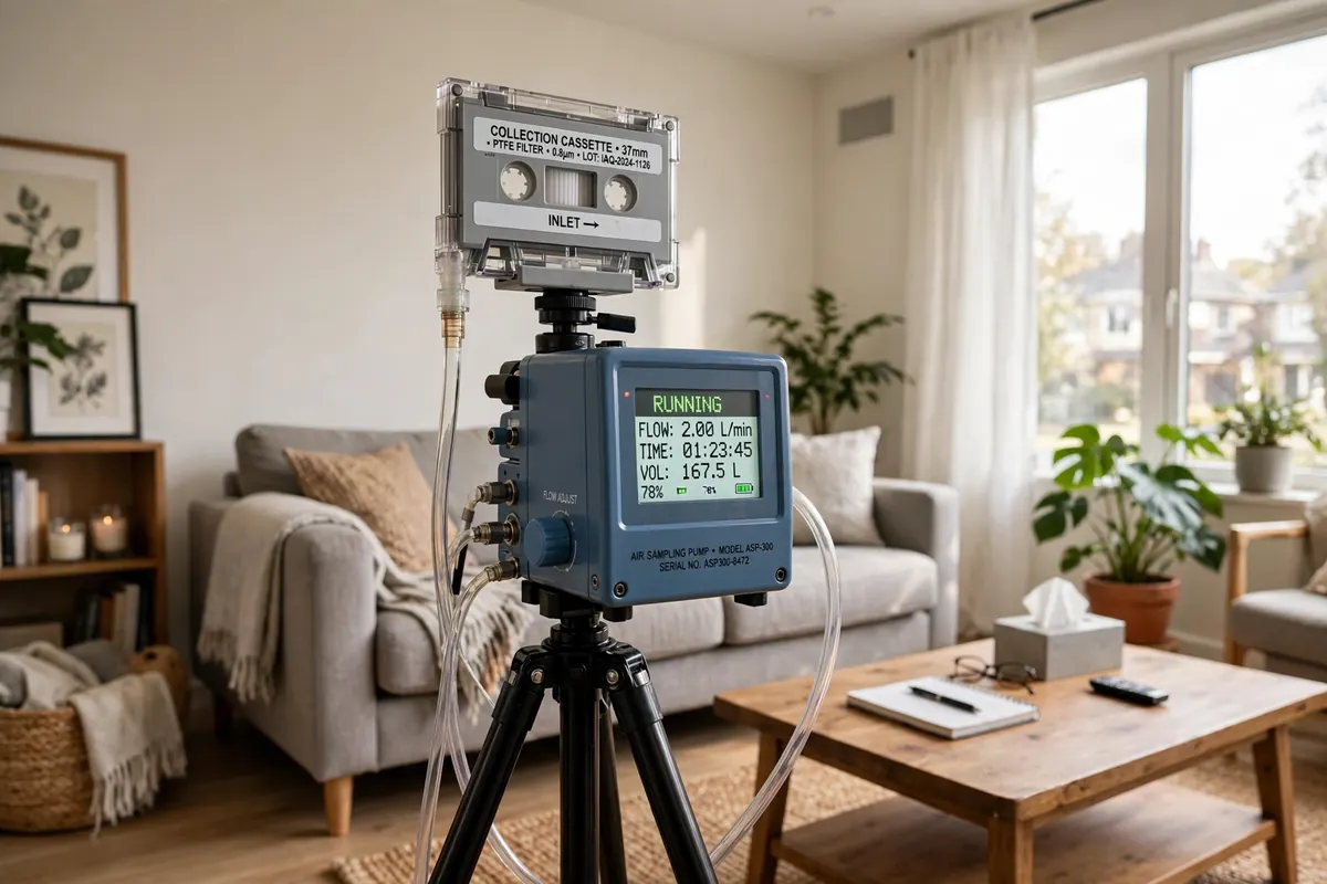 Professional air sampling pump on a tripod indoors