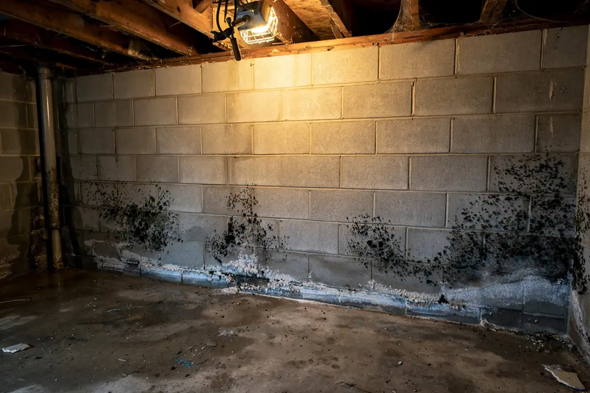 Basement concrete block wall with mold near the floor