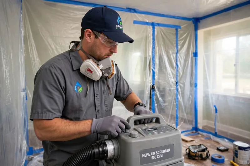 Technician in protective gear HEPA-vacuuming a duct